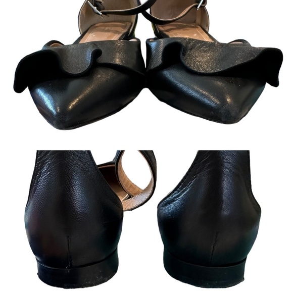 Lewitt Italy Alessia Ruffle Point Toe Ankle Strap Black Leather Flats 35 5 - Picture 9 of 16